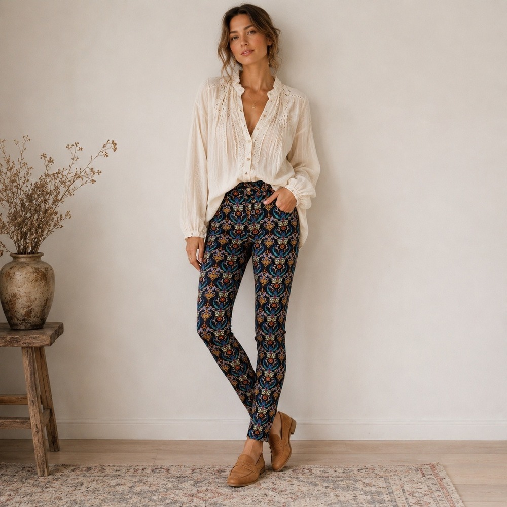 Pilcro Anthropologie Corduroy Pants Boho Damask Print Serif Fit Women's Size 30